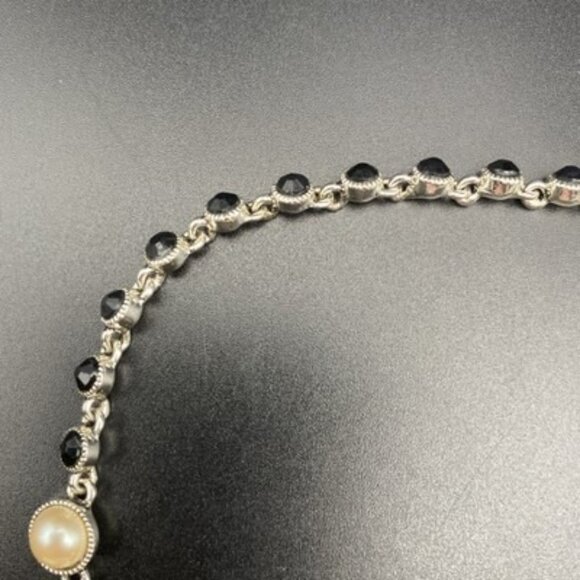 Faux Pearl Festoon Necklace Black Rhinestone Bib Silver Tone 16+2" Art Deco - Picture 6 of 8